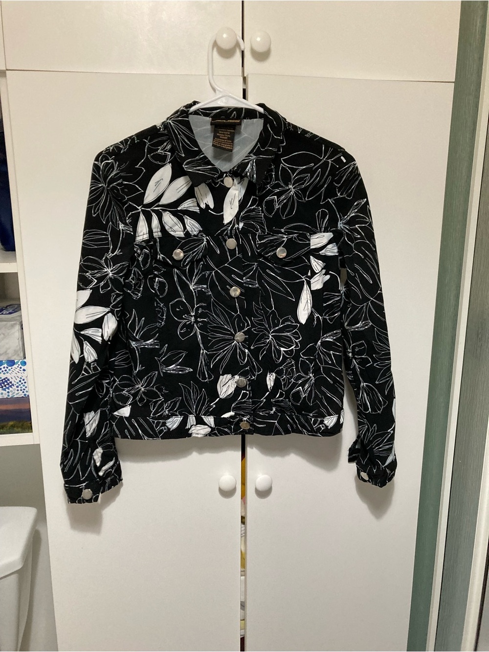 Black Floral Jean Jacket with White Leaf Print